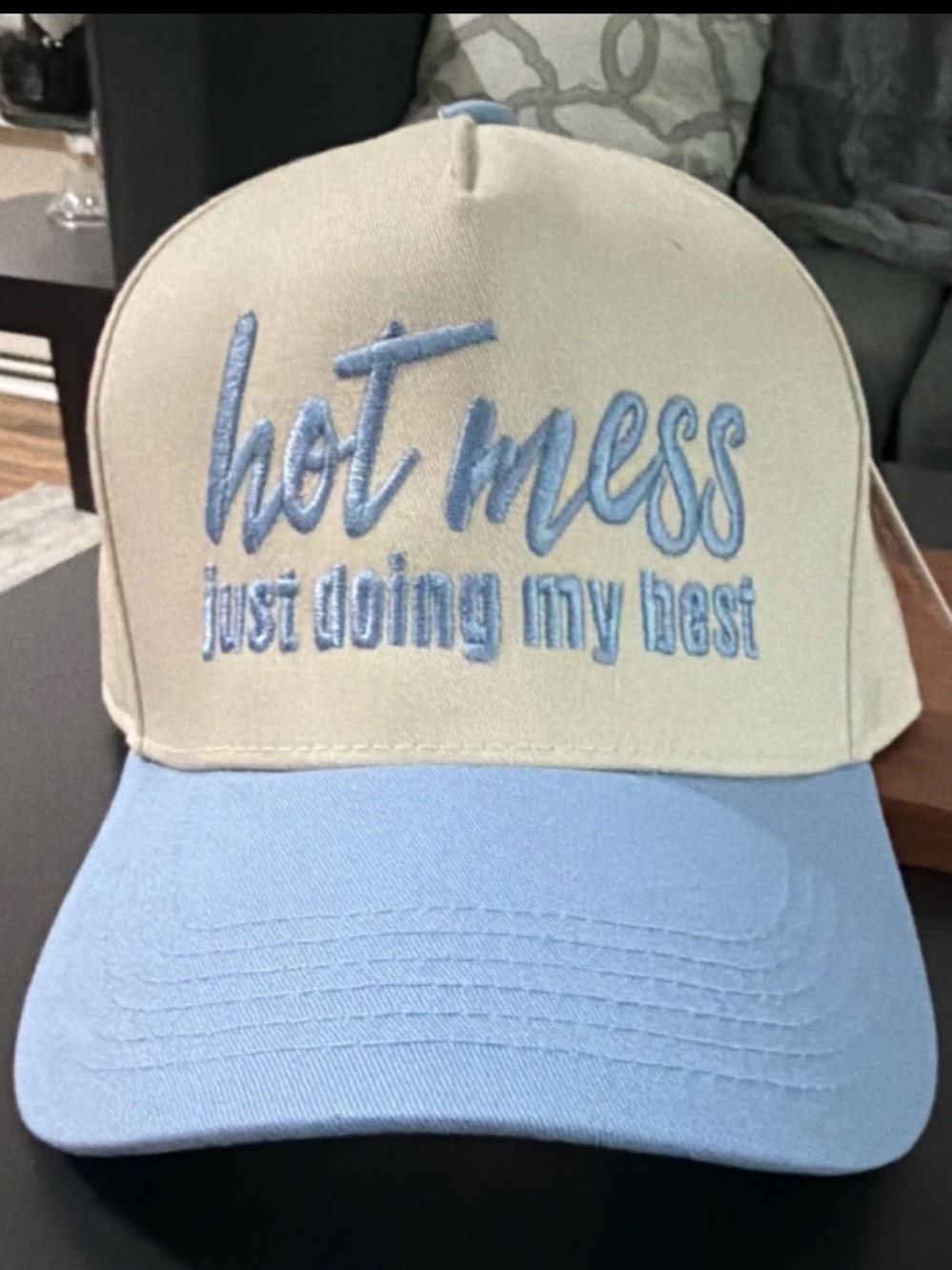 Katydid Beige and Light Blue "Hot Mess" Embroidered Baseball Cap